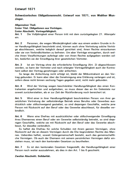 Schweizerisches Obligationenrecht. Entwurf von 1871, von Walther Munzinger.