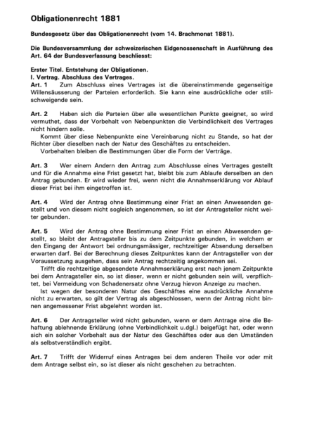Bundesgesetz über das Obligationenrecht (vom 14. Brachmonat 1881)
