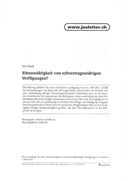 99. Urs Fasel, Sittenwidrigkeit von erbvertragswidrigen Verfügungen?
