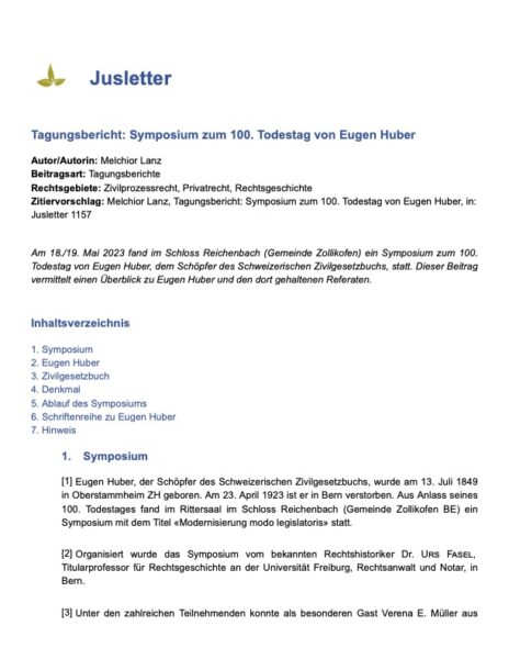 Lanz Melchior, Tagungsbericht: Symposium zum 100. Todestag von Eugen Huber